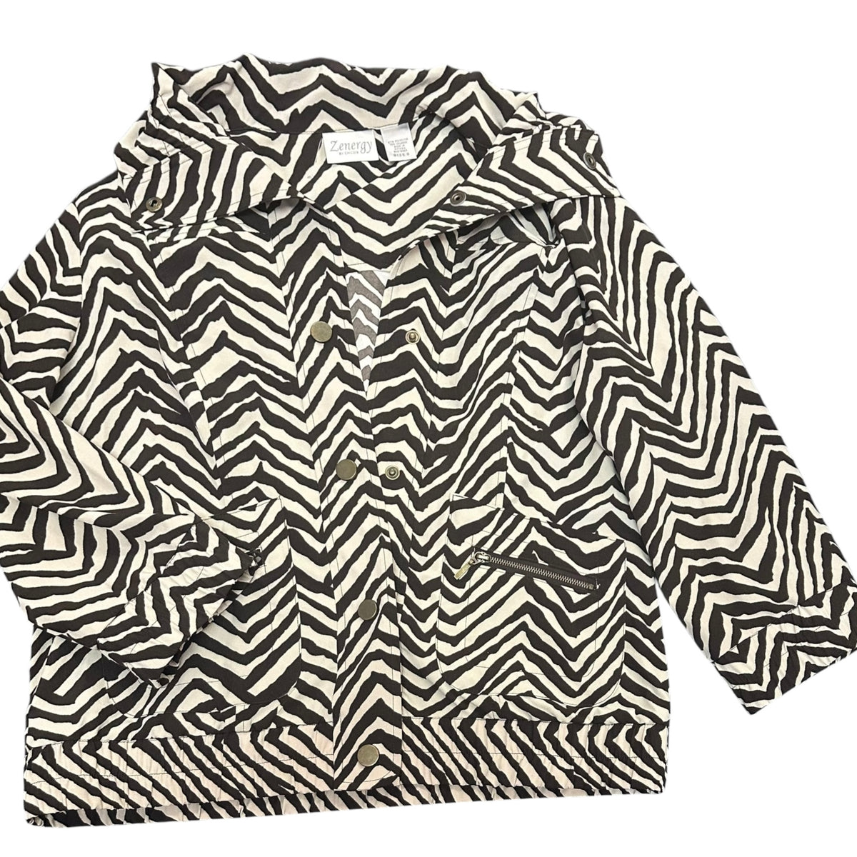 CHICOS ZENERGY BROWN TAN ZEBRA UTILITY JACKET 38 SMALL
