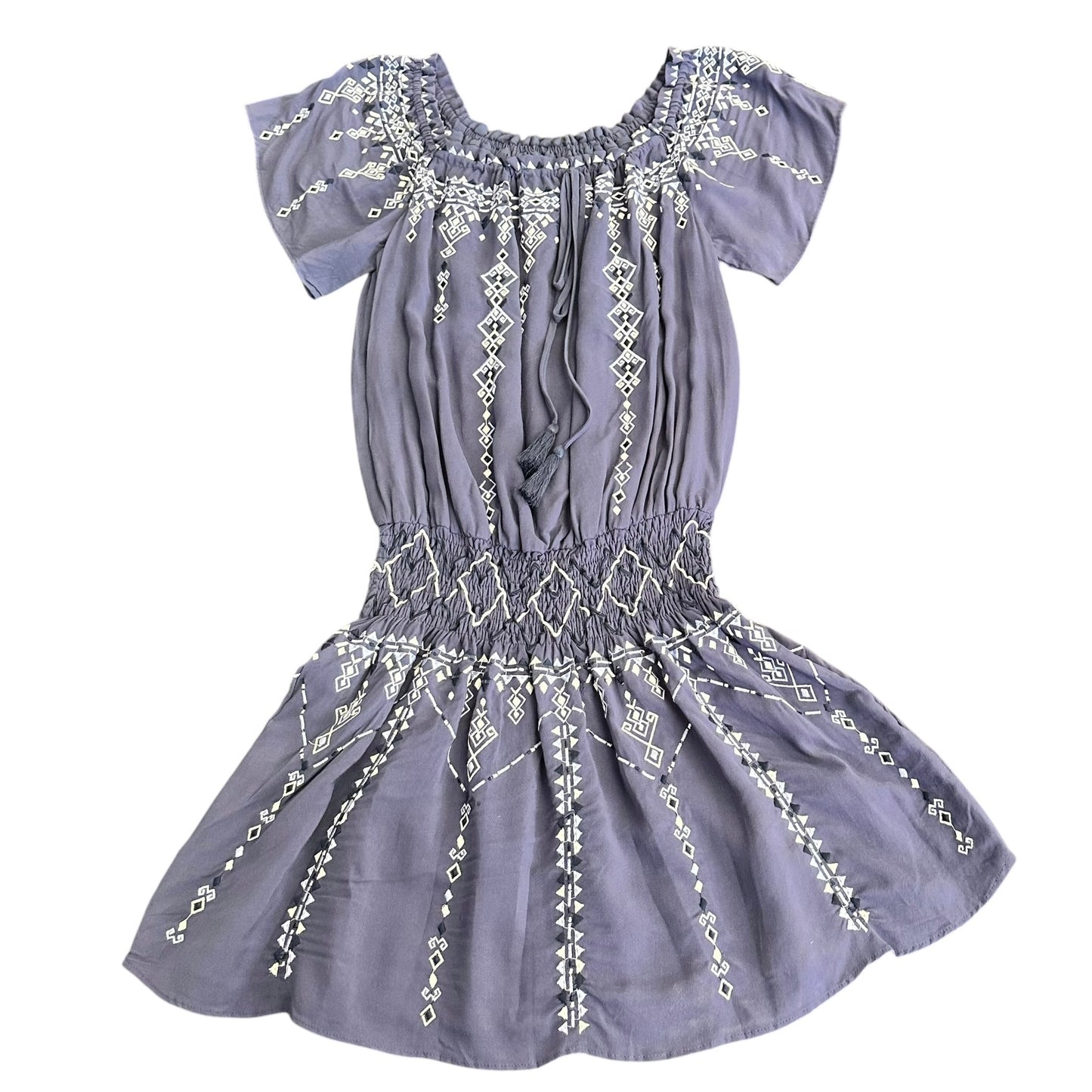 PARKER BLUE EMBROIDERED OFF SHOULDER MINI DRESS 249 XS