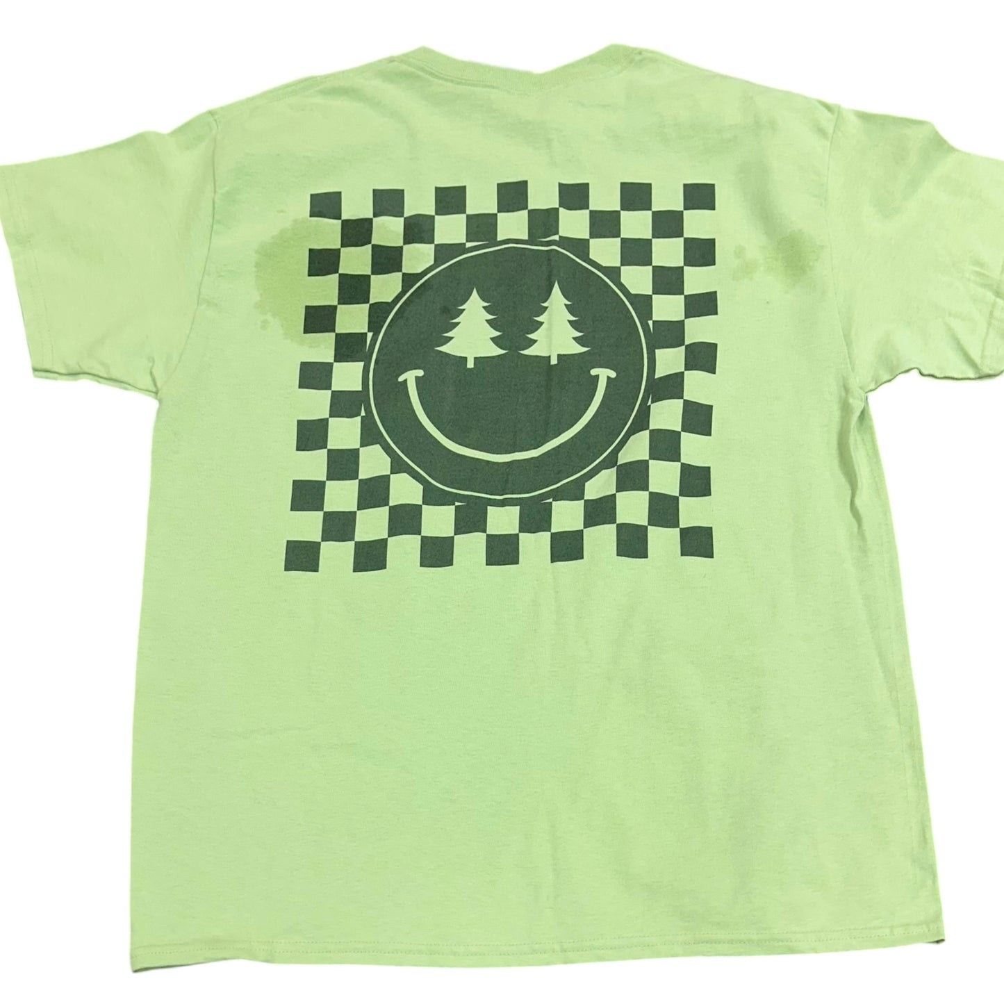 CHRISTMAS TSHIRT GREEN SMILEY FACE CHECKERED NWT 7 LARGE *SPOTS