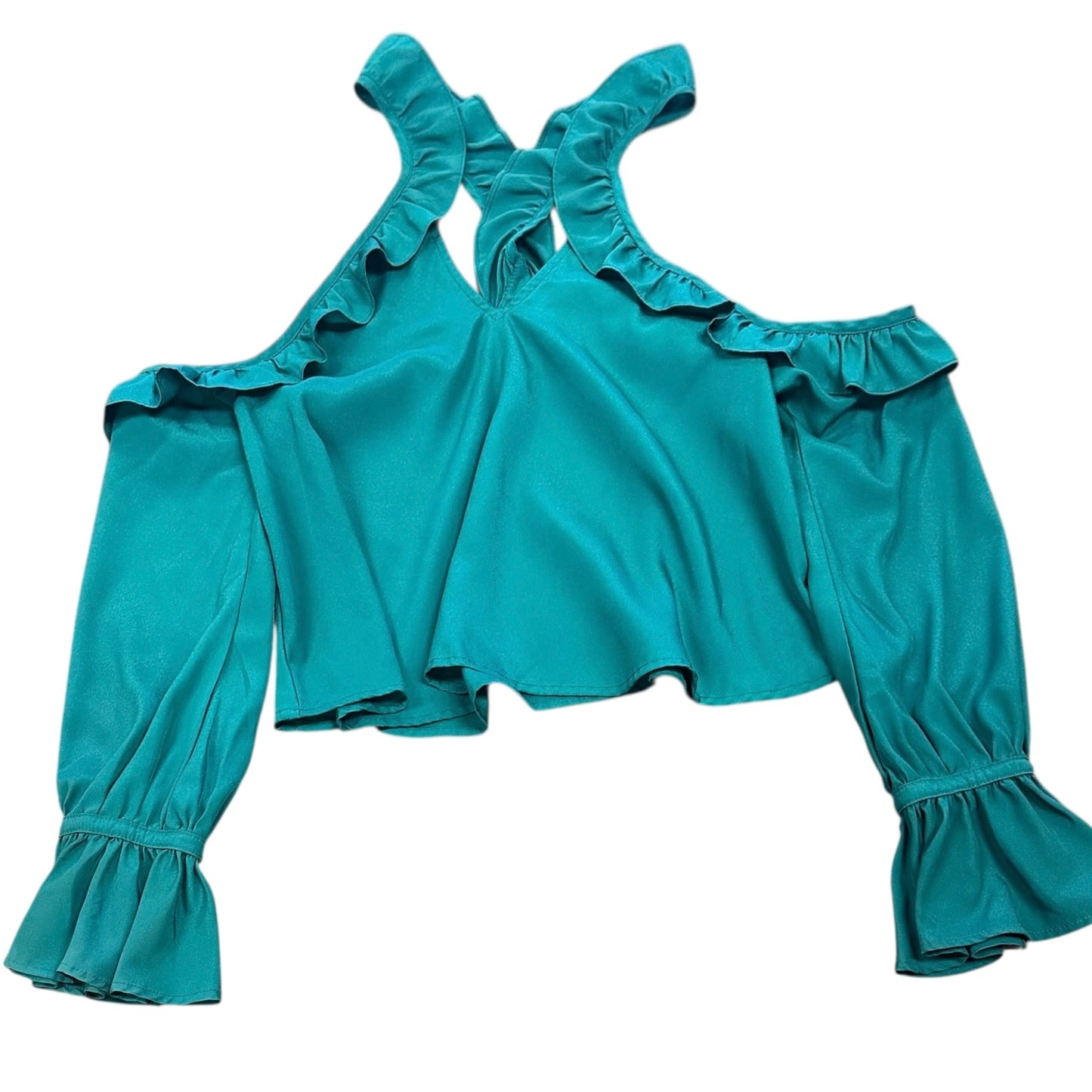 LIKELY GREEN EMERALD BLOUSE COLD SHOULDER RUFFLES 100 XS