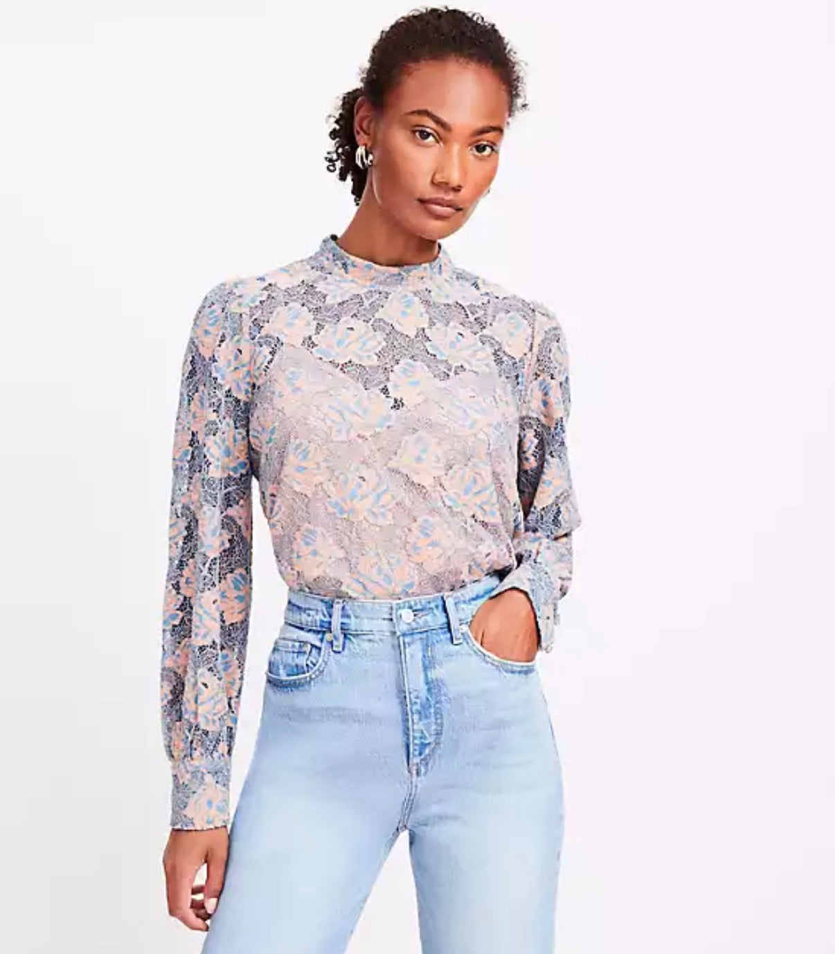 LOFT PINK BLUE LACE BLOUSE 26 NWT $74.95 MEDIUM