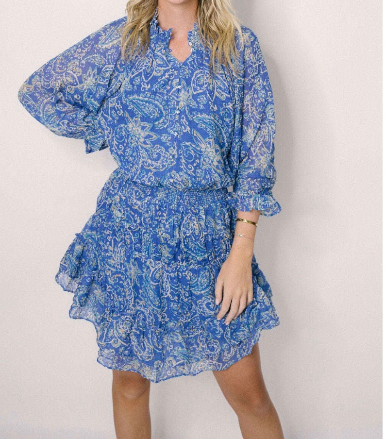 KARLIE WOMENS DRESS MEDIUM BLUE PAISLEY FIT FLARE SMOCKED WAIST BUTTONS RUFFLE