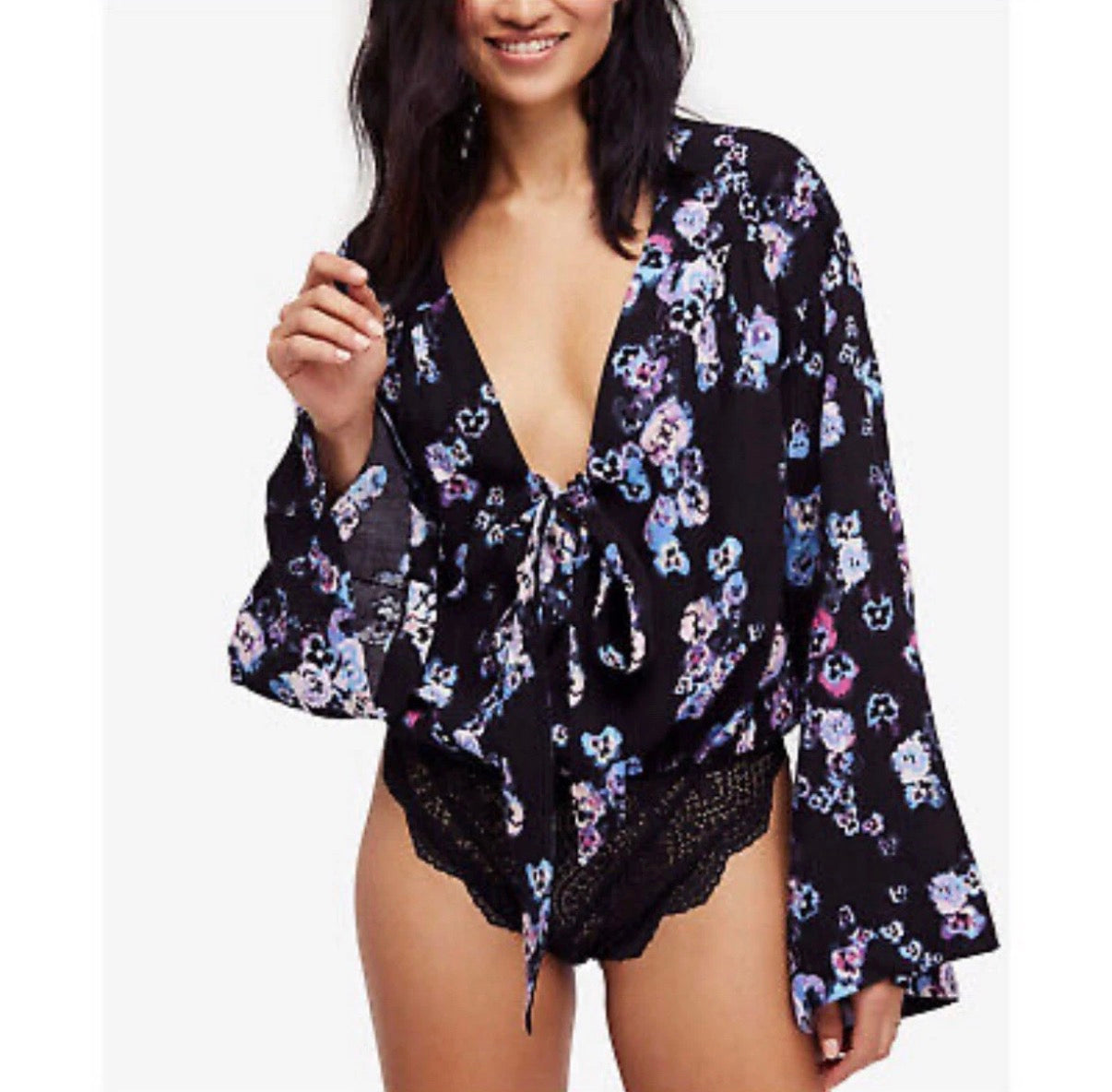 FREE PEOPLE FORTIES FEEL PRINTED BODYSUIT BLACK FLORAL BOHO XS