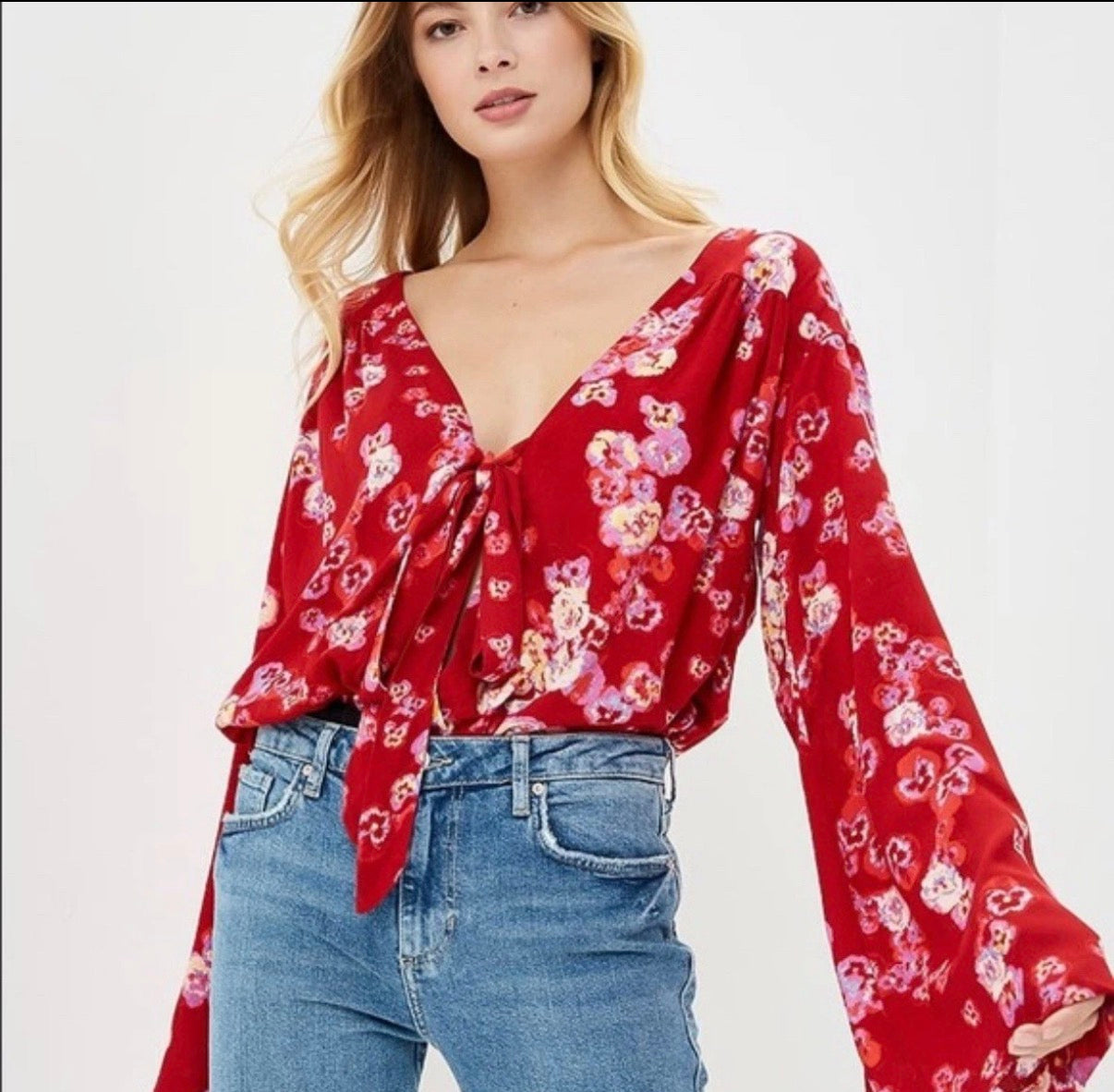 FREE PEOPLE FORTIES FEEL PRINTED BODYSUIT RED FLORAL BOHO HIPPIE XS
