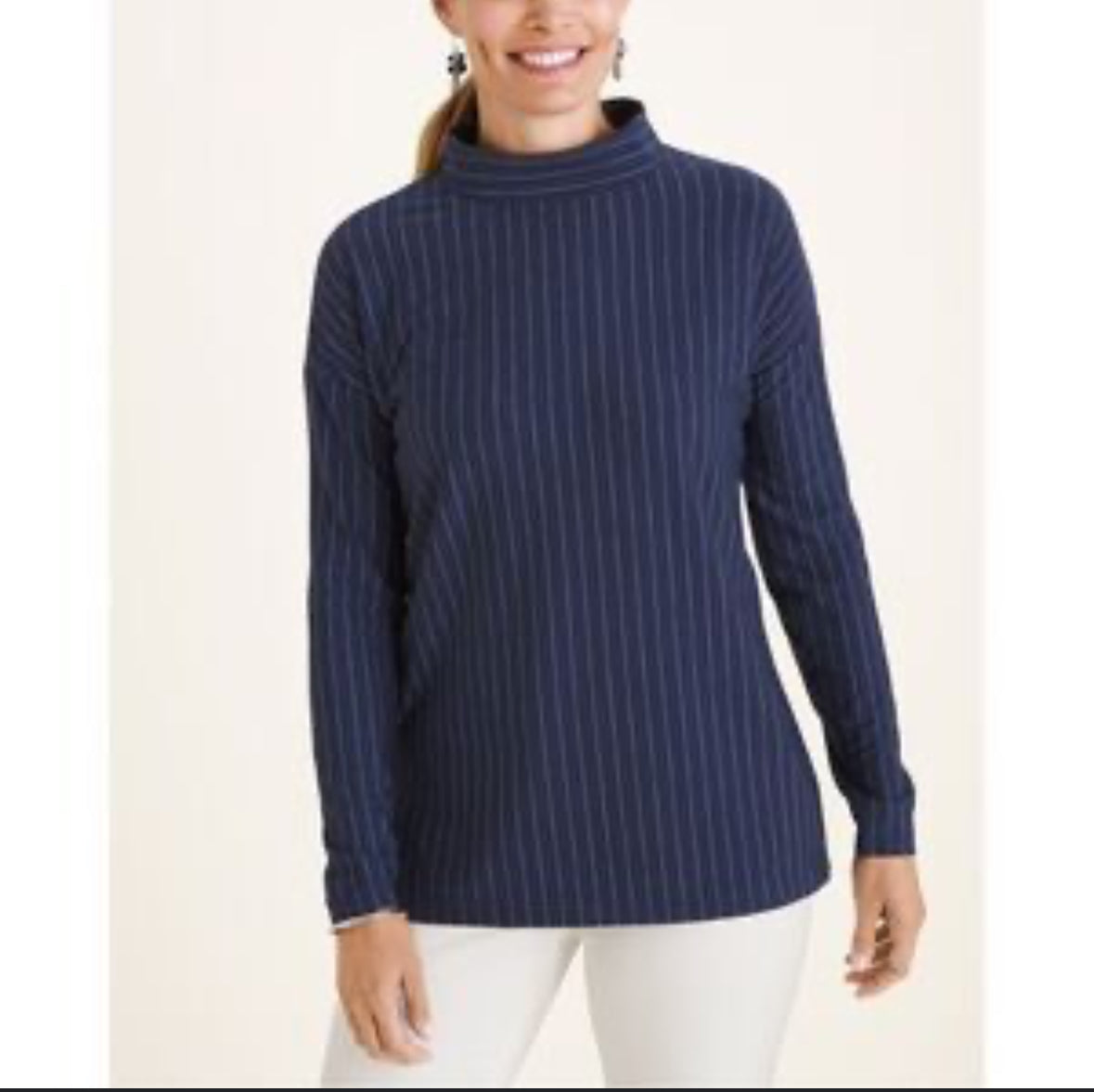 CHICOS NAVY WHITE STRIPED MOCKNECK BLOUSE 100 NWT MEDIUM