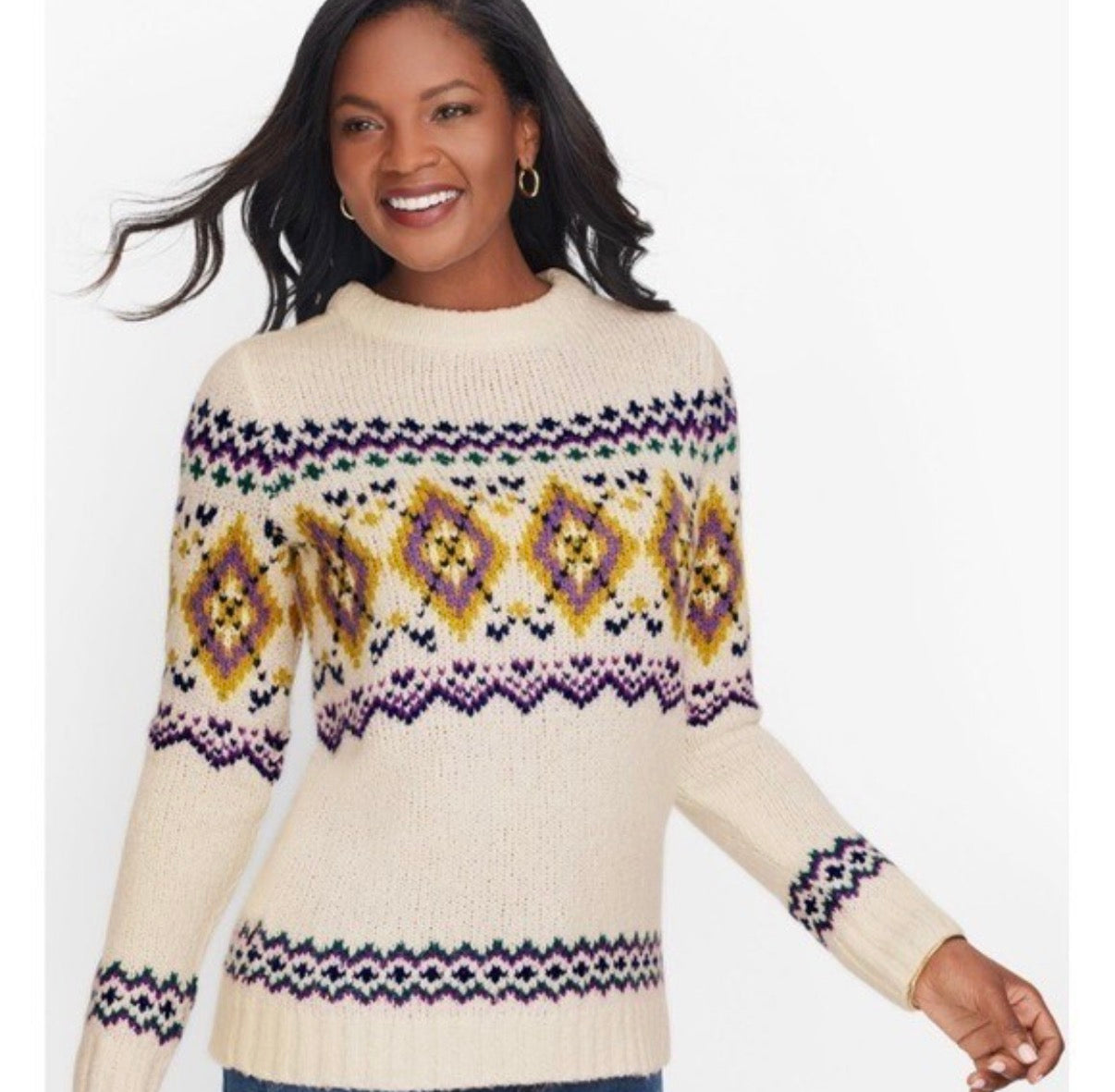 TALBOTS FAIR ISLE ARGYLE CREWNECK SWEATER WOOL BLEND 250 MEDIUM