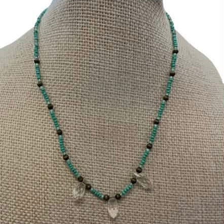 TURQUOISE SEED BEAD NECKLACE CLEAR RHINESTONES 143