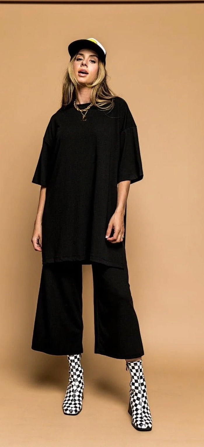 DRESSED IN LALA BLACK 2 PC SET RIBBED WIDE LEG 27 SMALL