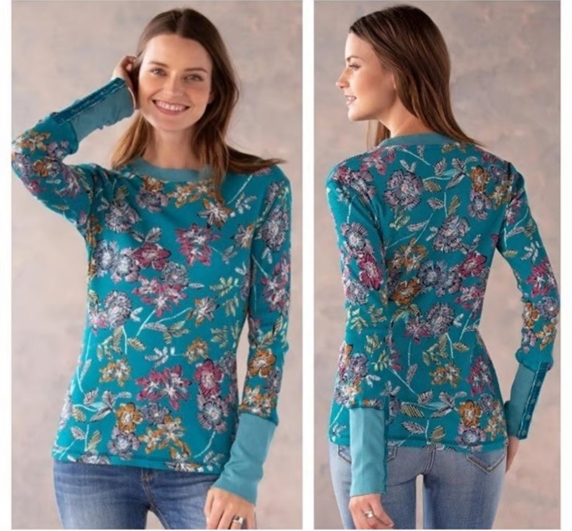SUNDANCE BLUE FLORAL THERMAL LONG SLEEVE TOP 203 SMALL