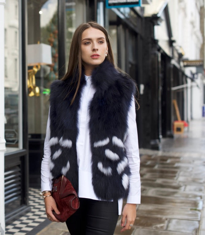 ALBERTO MAKALI NAVY FAUX FUR VEST 6 MEDIUM