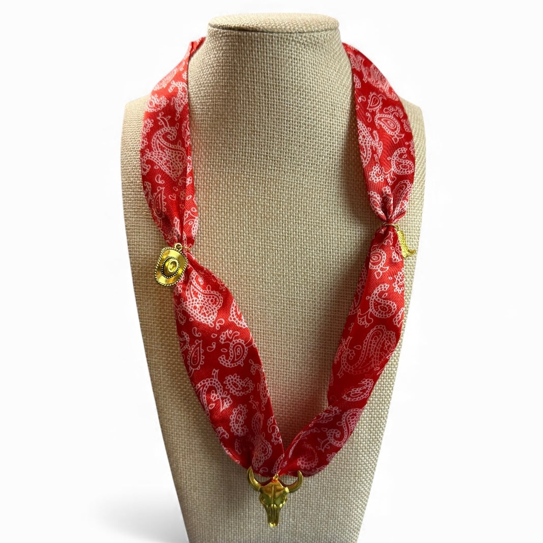 RED BANDANA NECKLACE GOLD CHARMS NEW