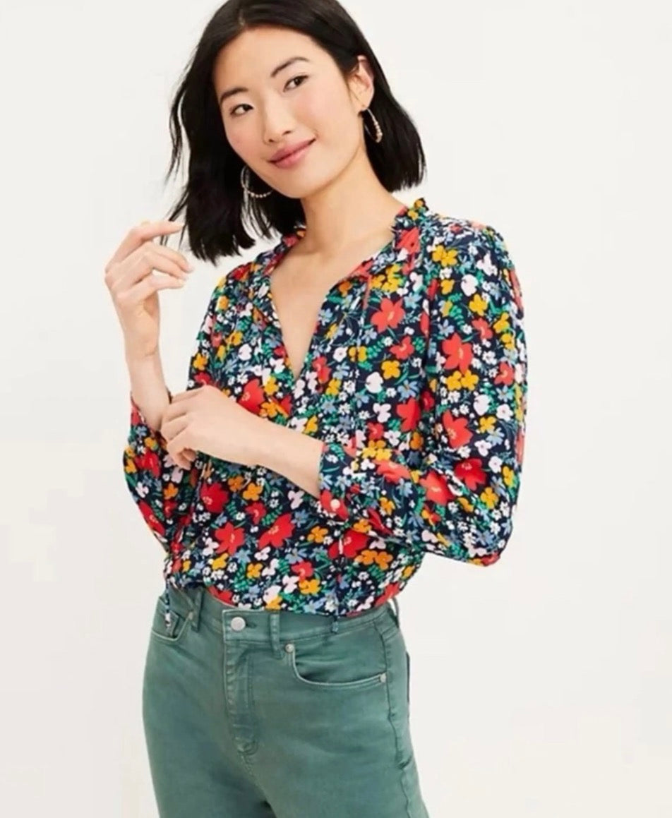 LOFT NAVY FLORAL BLOUSE 100 LARGE PETITE
