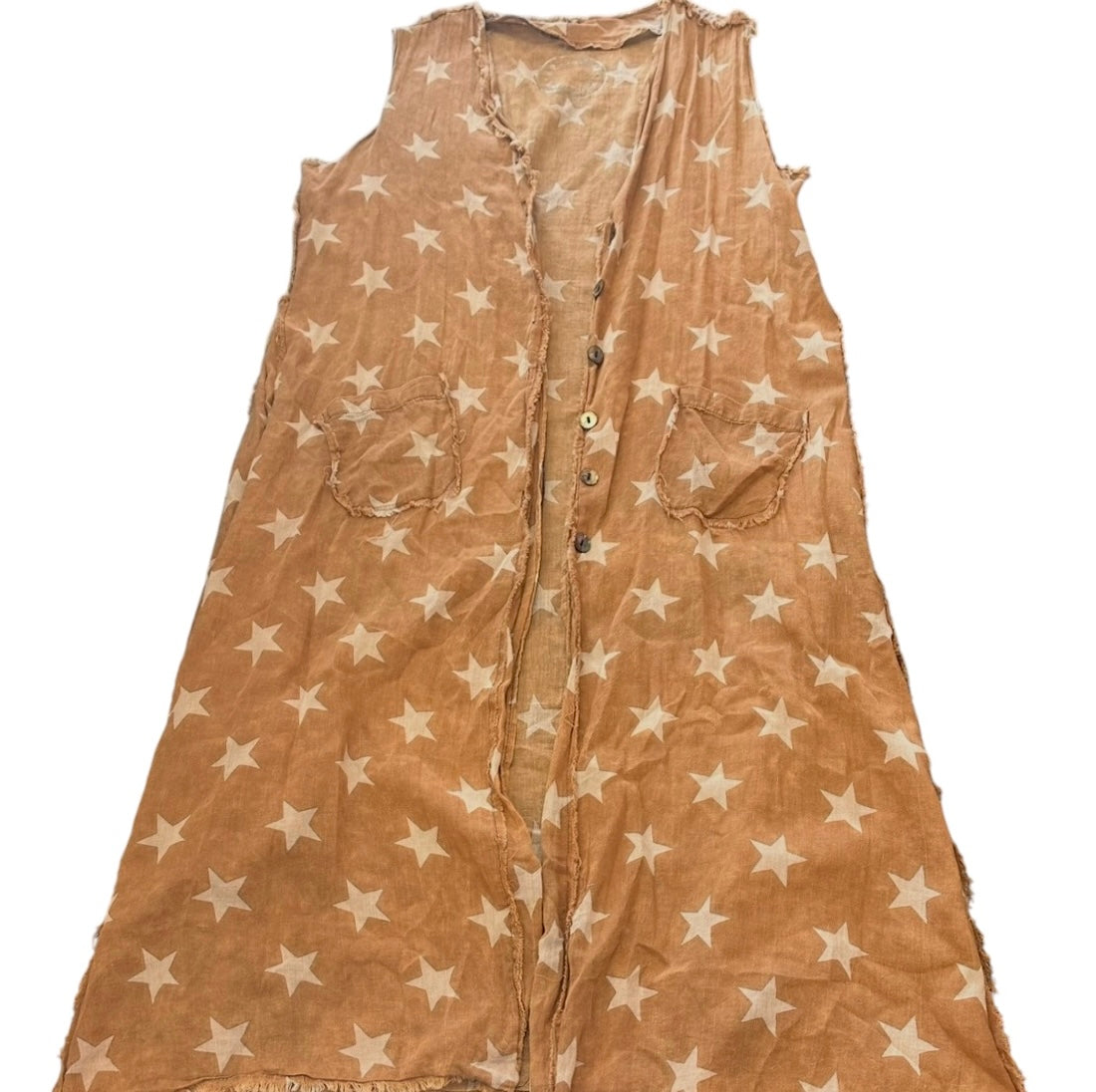 A RARE BIRD BROWN WHITE STAR SLEEVELESS DUSTER 100 OS