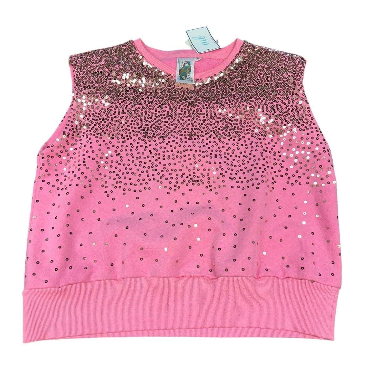 QUEEN OF SPARKLES WOMENS PINK SEQUIN SCATTER SHOULDER PAD TANK LARGE NWT $142