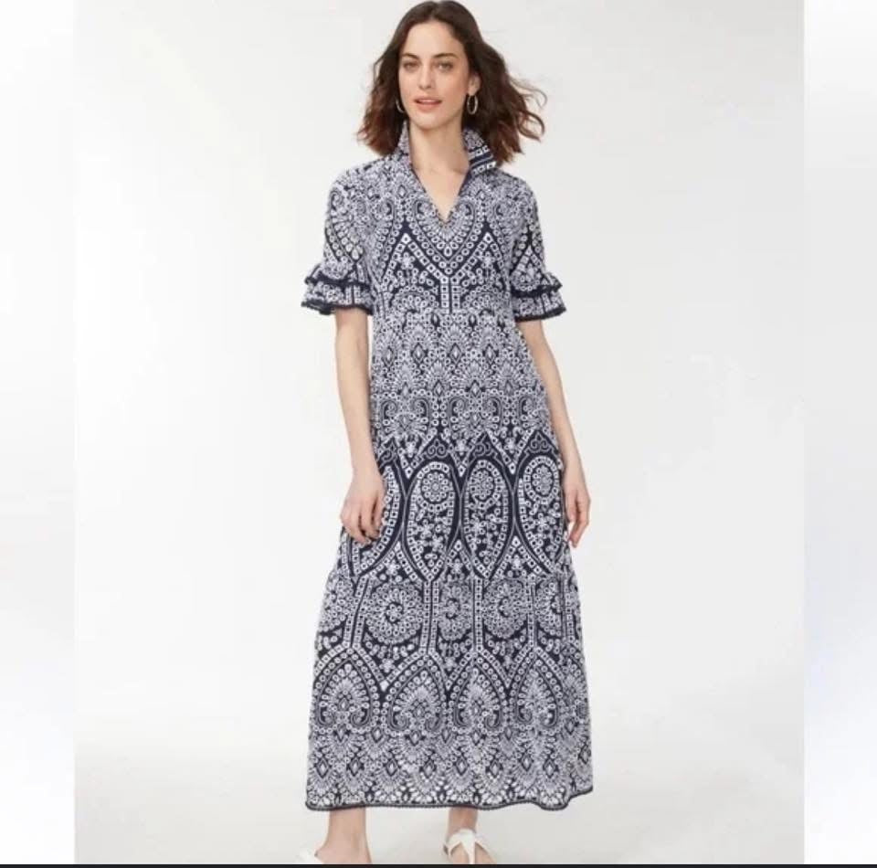 CHICOS NAVY EMBROIDERED DRESS 228 Sz 6