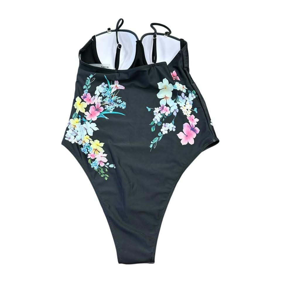 SHEIN BLACK FLORAL SWIMSUIT 100 LARGE