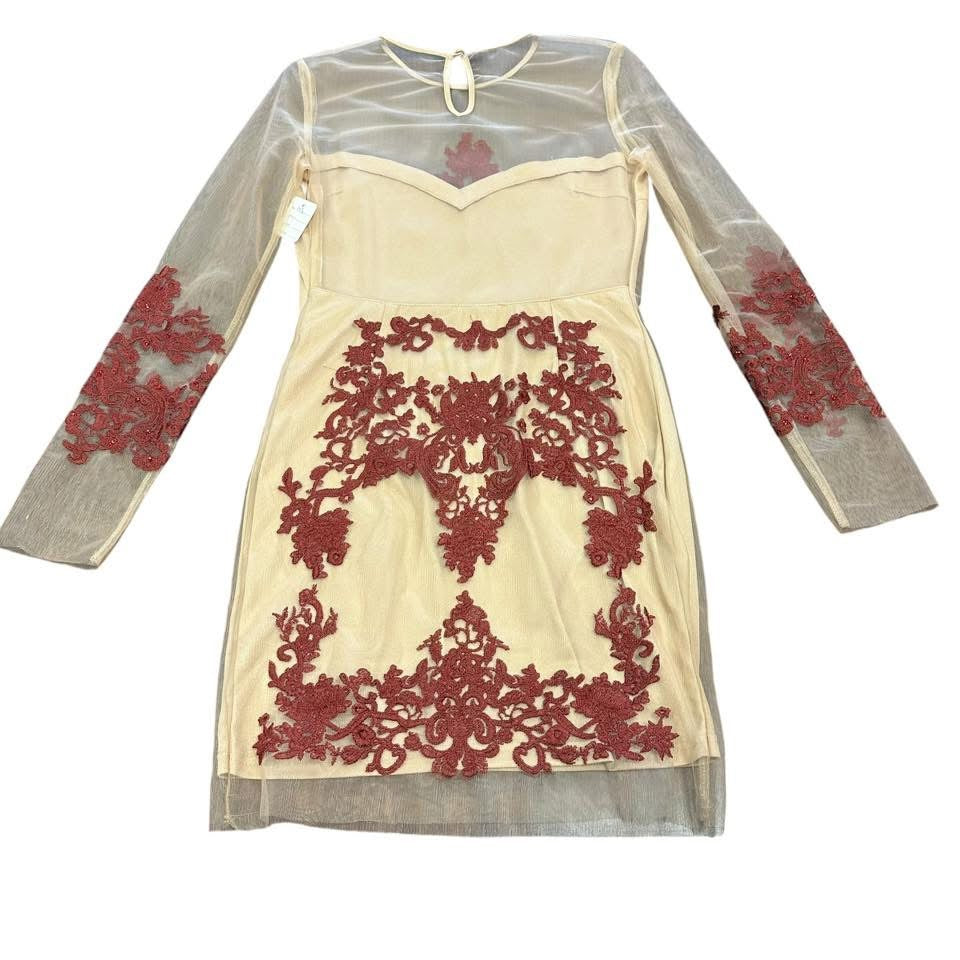 L’ATISTE BODYCON BEIGE MESH EMBELLISHED DRESS 143 MEDIUM