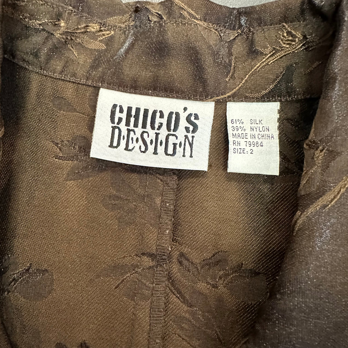 CHICOS VINTAGE BROWN SILK BLEND FLORAL BUTTON UP BLAZER 289 LARGE