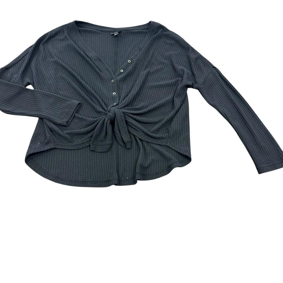 ANA BLACK WAFFLEKNIT TIE WAIST LONG SLEEVE V-NECK BUTTON DOWN DETAIL TOP 82 LARGE