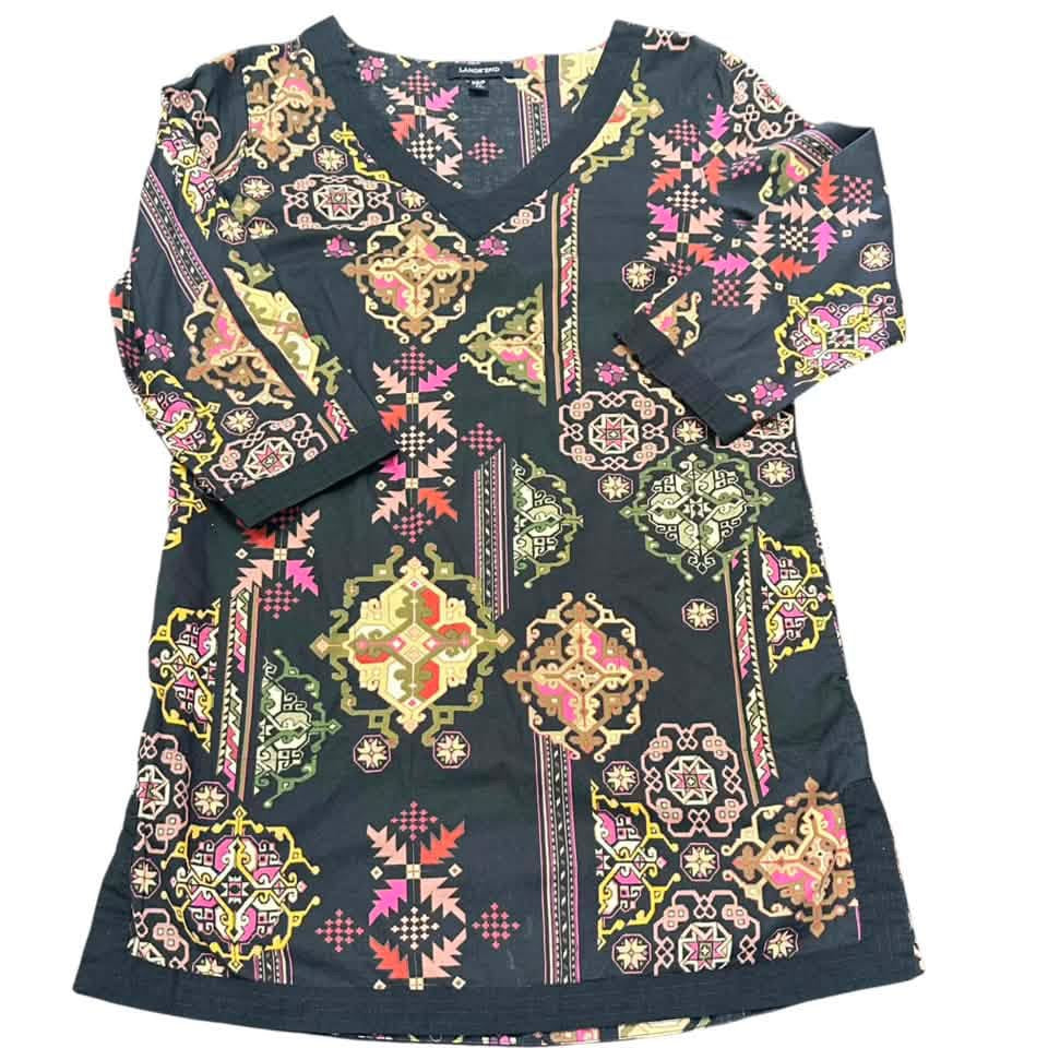 LANDS END NAVY COLORFUL TUNIC BLOUSE 254 XS