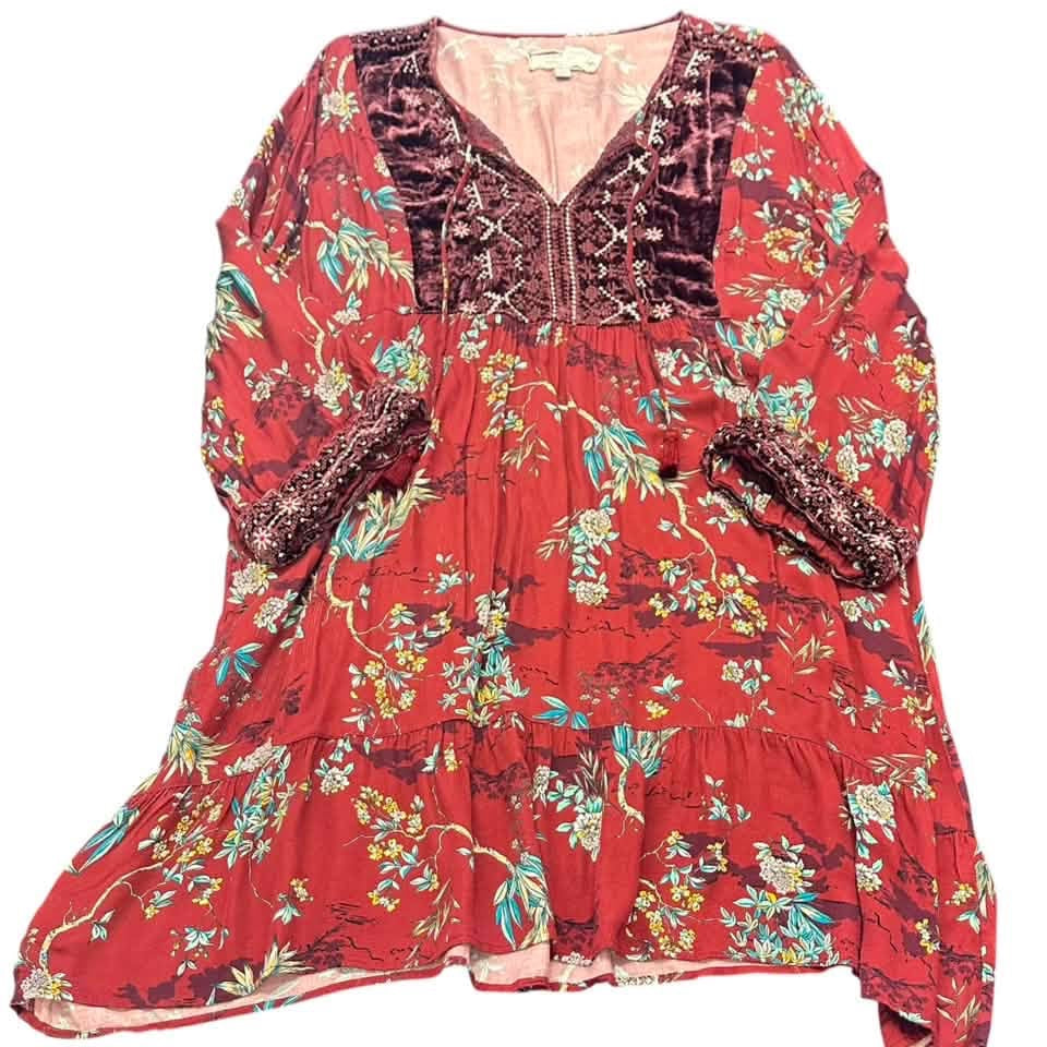 JOHNNY WAS MAROON FLORAL EMBROIDERED DRESS 100 XL