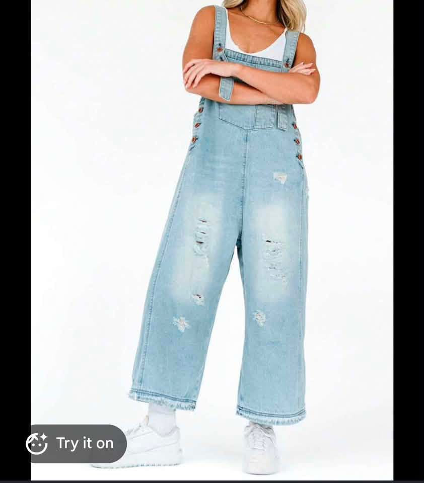 BLUE JEAN DENIM OVERALLS WIDE LEG CROPPED 100 SMALL