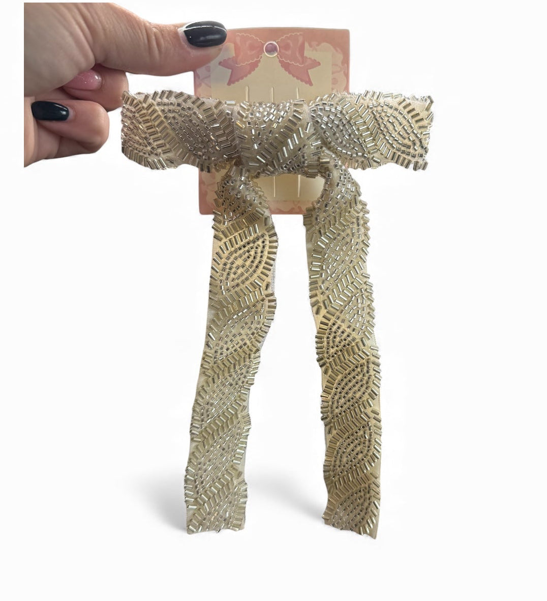 WHITE BEADED HAIR BOW NEW