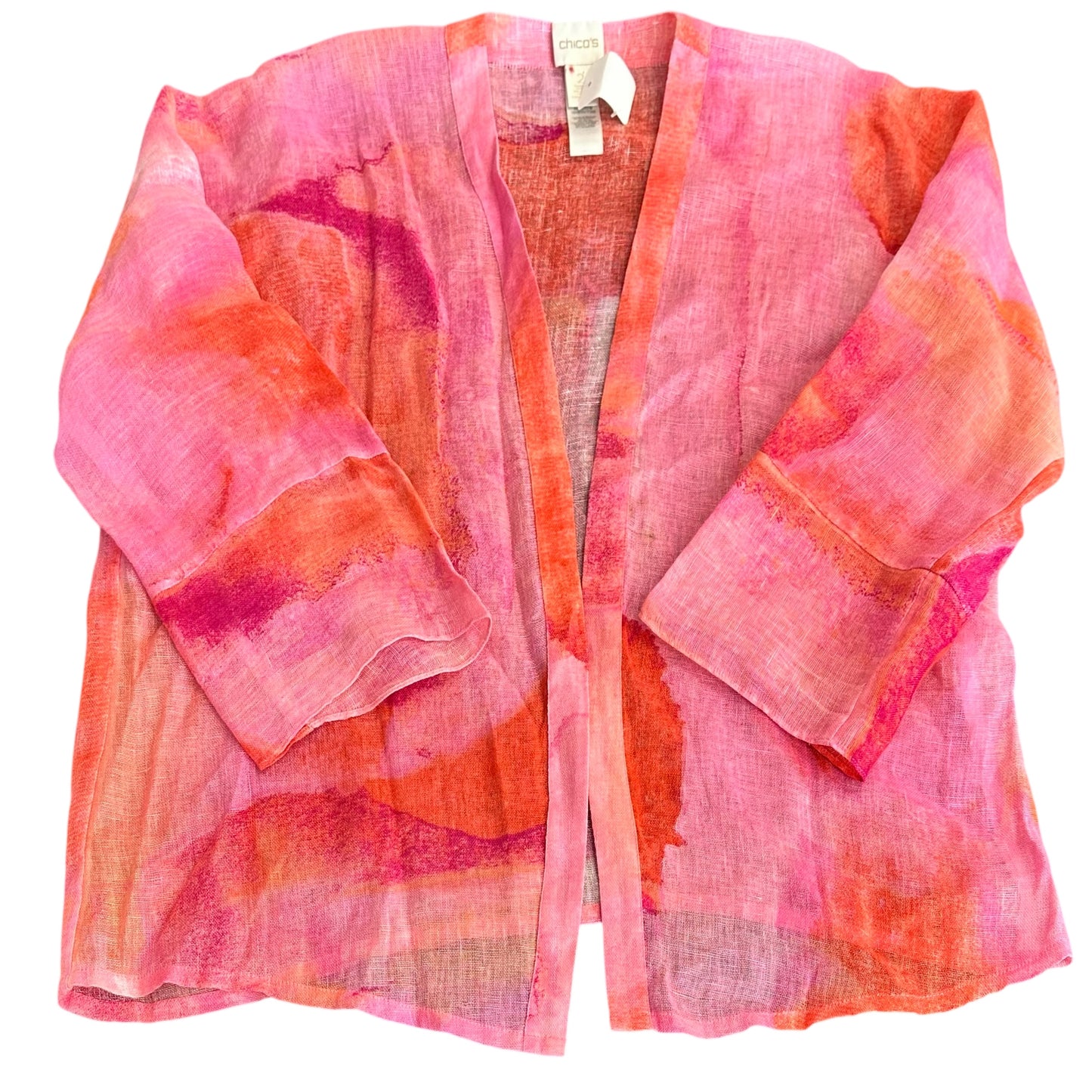 CHICOS LINEN OPEN KIMONO PINK ORANGE 100 MEDIUM