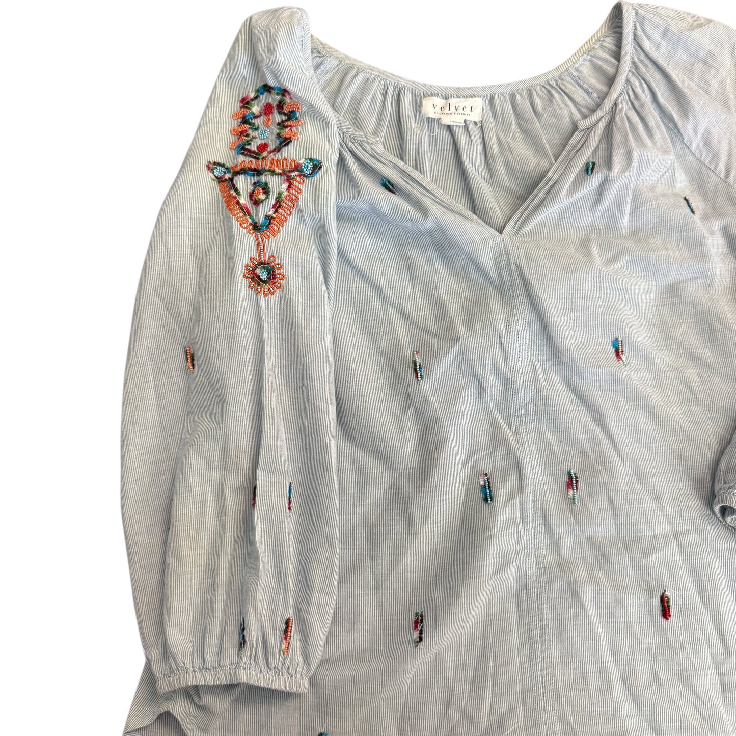 VELVET GRAHAM SPENCER STRIPED BLOUSE EMBROIDERED BEADED 100 SMALL
