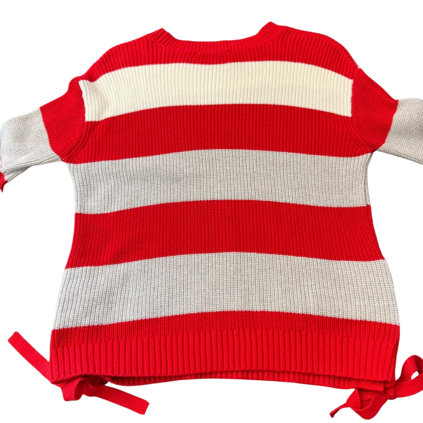 MINNIE ROSE STRIPED LACE UP SWEATER RED WHITE GRAY 249 COTTON CASHMERE BLEND XS