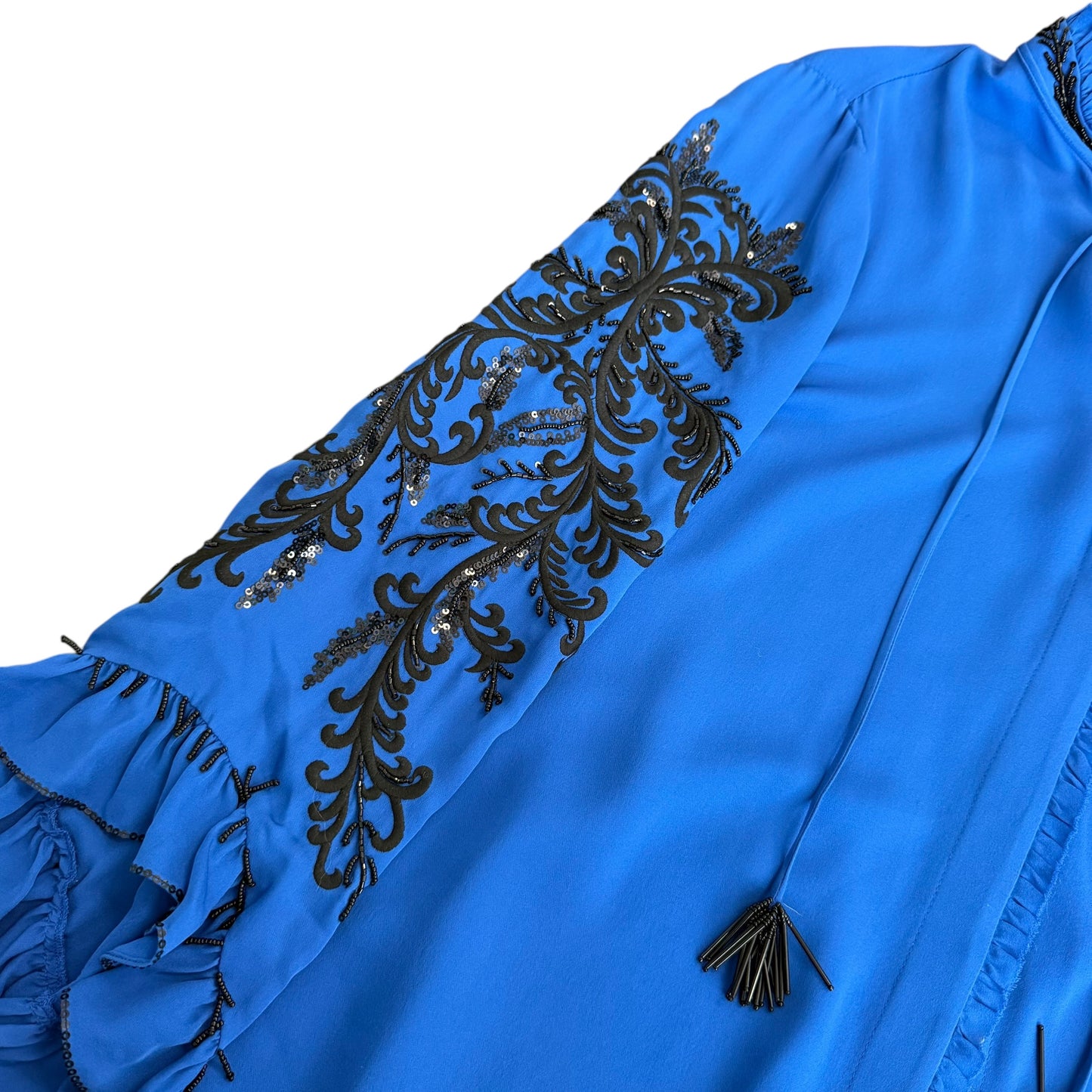 KOBI HALPERIN BLUE SILK BLOUSE BLACK BEADED MARGO 255 MEDIUM