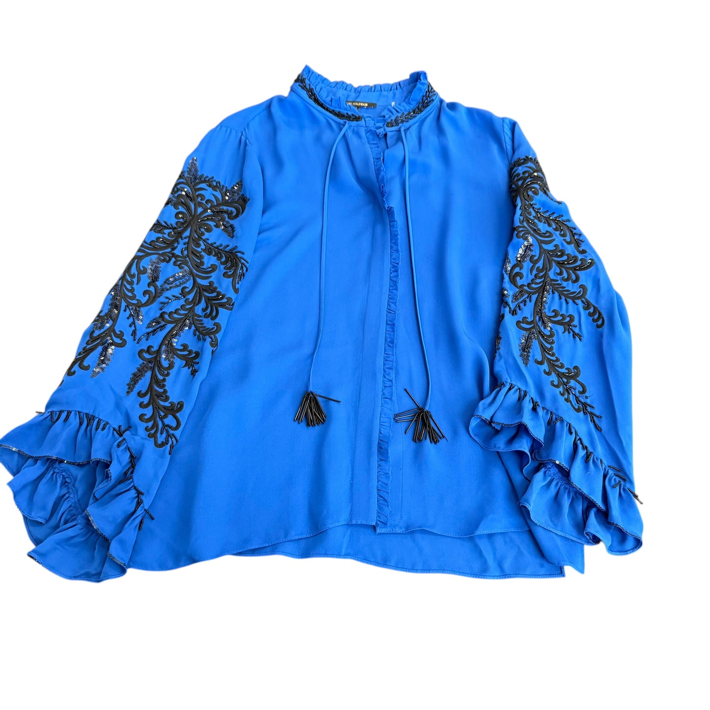 KOBI HALPERIN BLUE SILK BLOUSE BLACK BEADED MARGO 255 MEDIUM