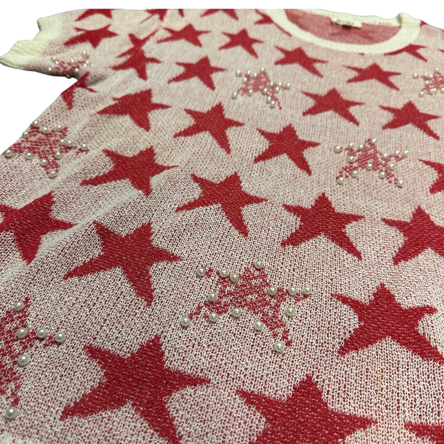 BIBI RED WHITE STAR THIN KNIT SWEATER PEARLS 100 MEDIUM
