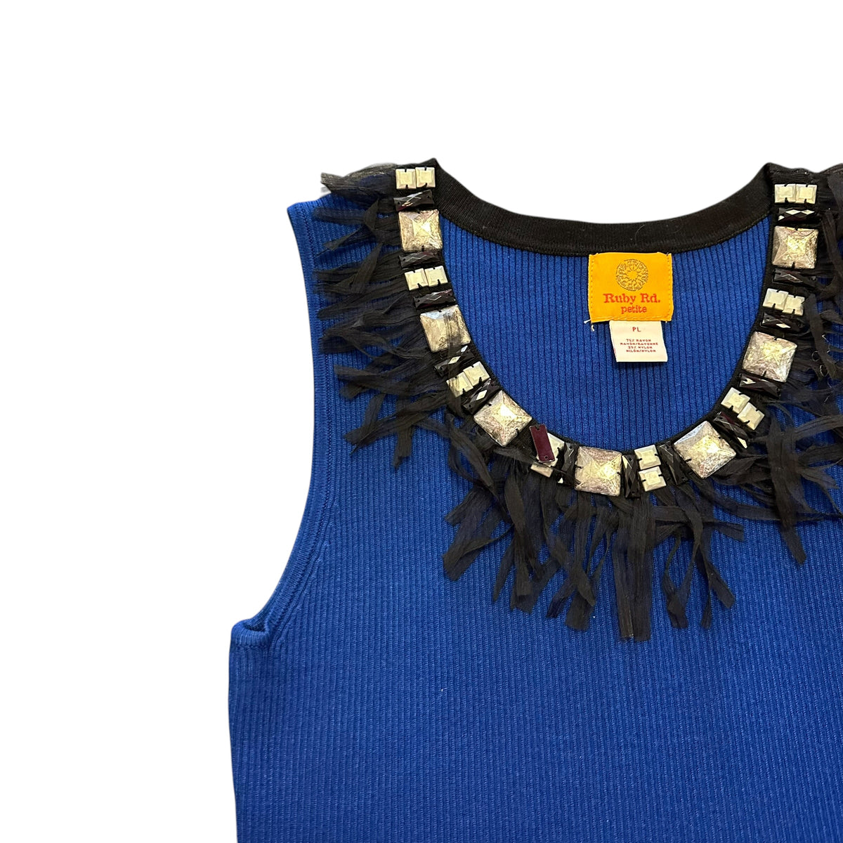 RUBY RD BLUE RIBBED SLEEVELESS KNIT BLOUSE 100 PETITE LARGE