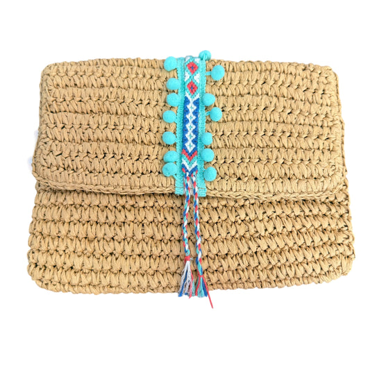 FALLON & ROYCE REECE PEACOCK STRAW FOLD OVER CLUTH NWT 249 OS