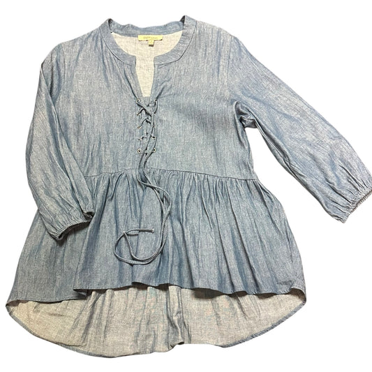 COZY CASUAL CHAMBRAY BLUE DENIM POPOVER BLOUSE 100 SMALL
