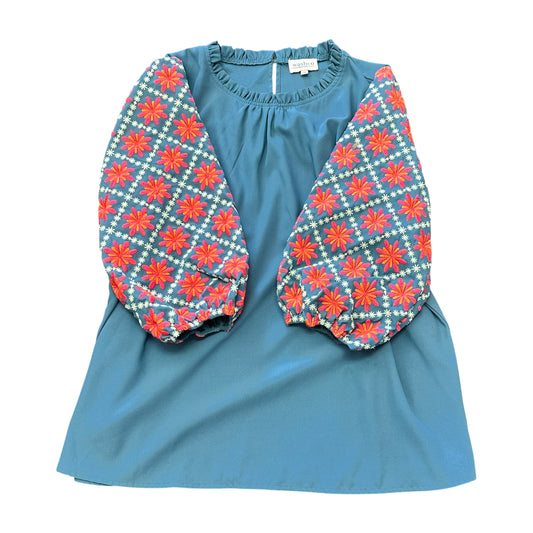 WASHCO BLUE EMBROIDERED SLEEVES BLOUSE 100 2X