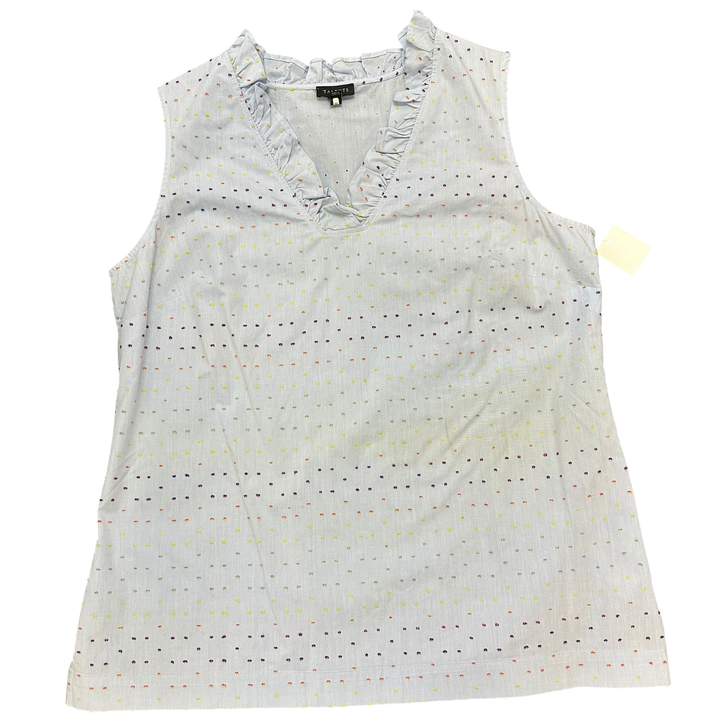 TALBOTS LIGHT BLUE SLEEVELESS BLOUSE COLORFUL SWISS DOTS 249 MEDIUM