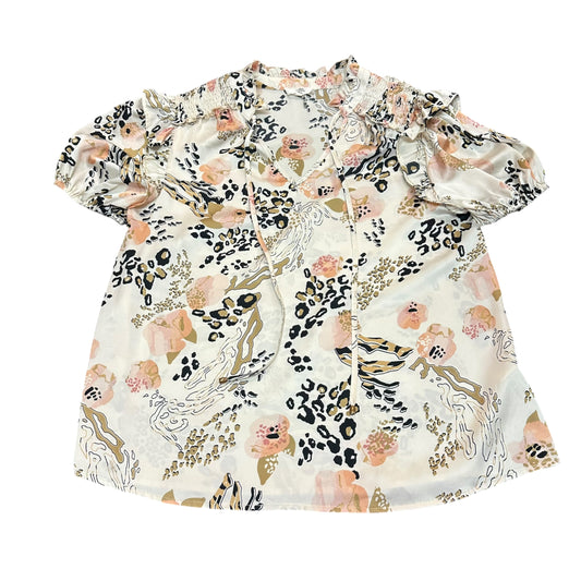 ENTRO CREAM COLORED SHORT SLEEVE BLOUSE FLORAL ANIMAL PRINT 38 SMALL