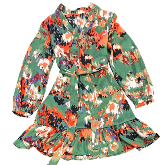 GREEN RUFFLE HEM BELTED DRESS 26 MEDIUM