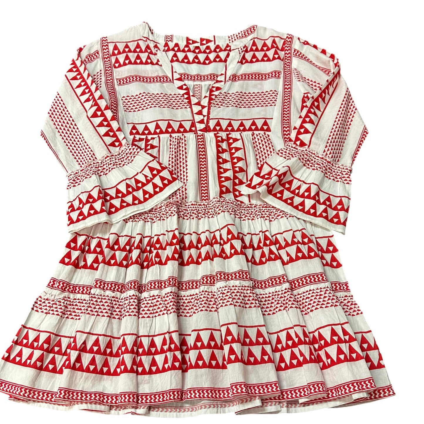 RED WHITE GEOMETRIC TIERED DRESS 282 XS