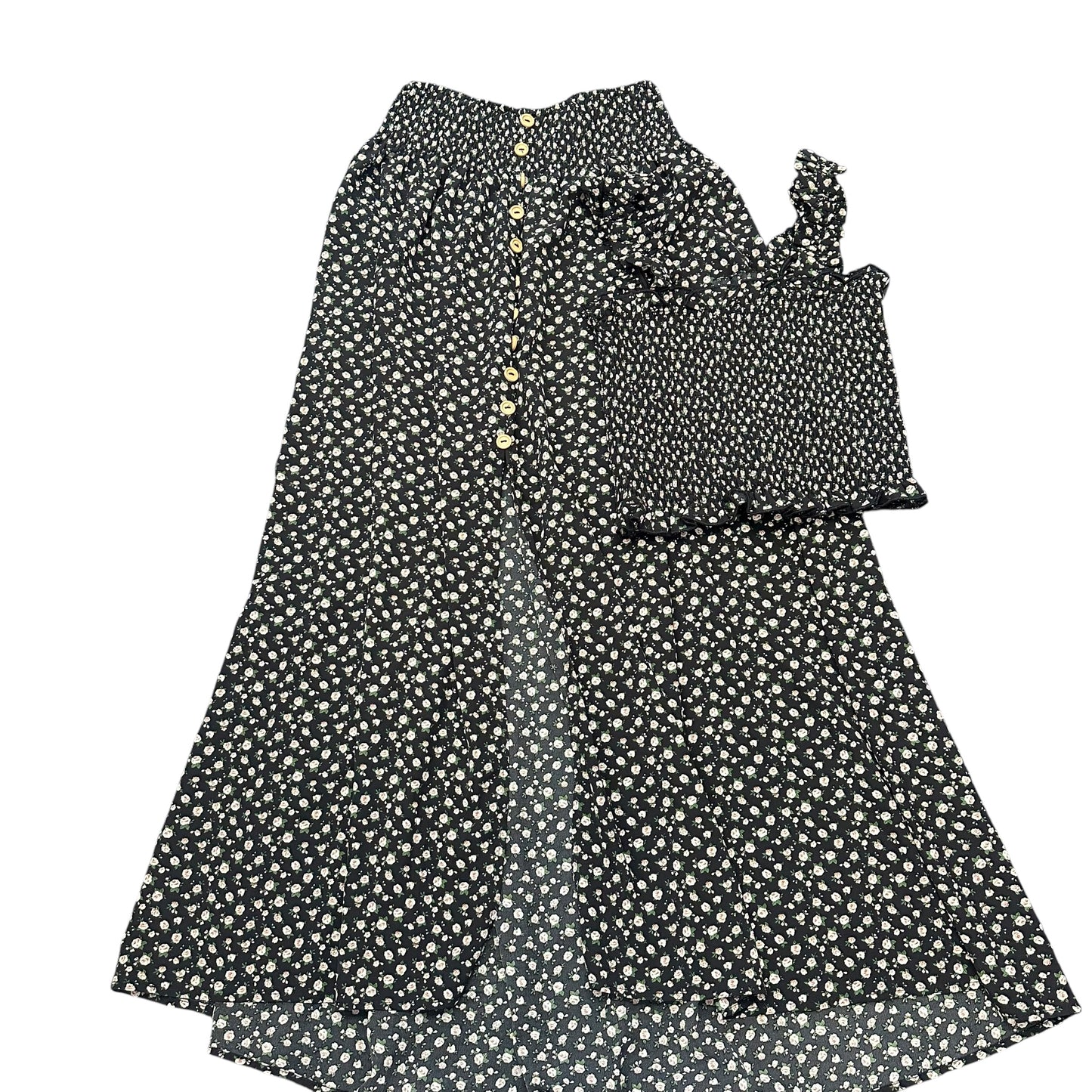 BLACK FLORAL 2 PC SKIRT SET SMOCKED TOP 27 SMALL
