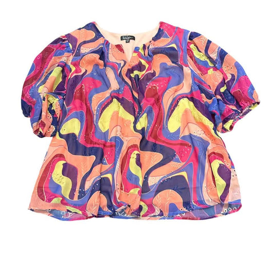 NICOLE MILLER COLORFUL EYELET PUFF SLEEVE BLOUSE 100 3X