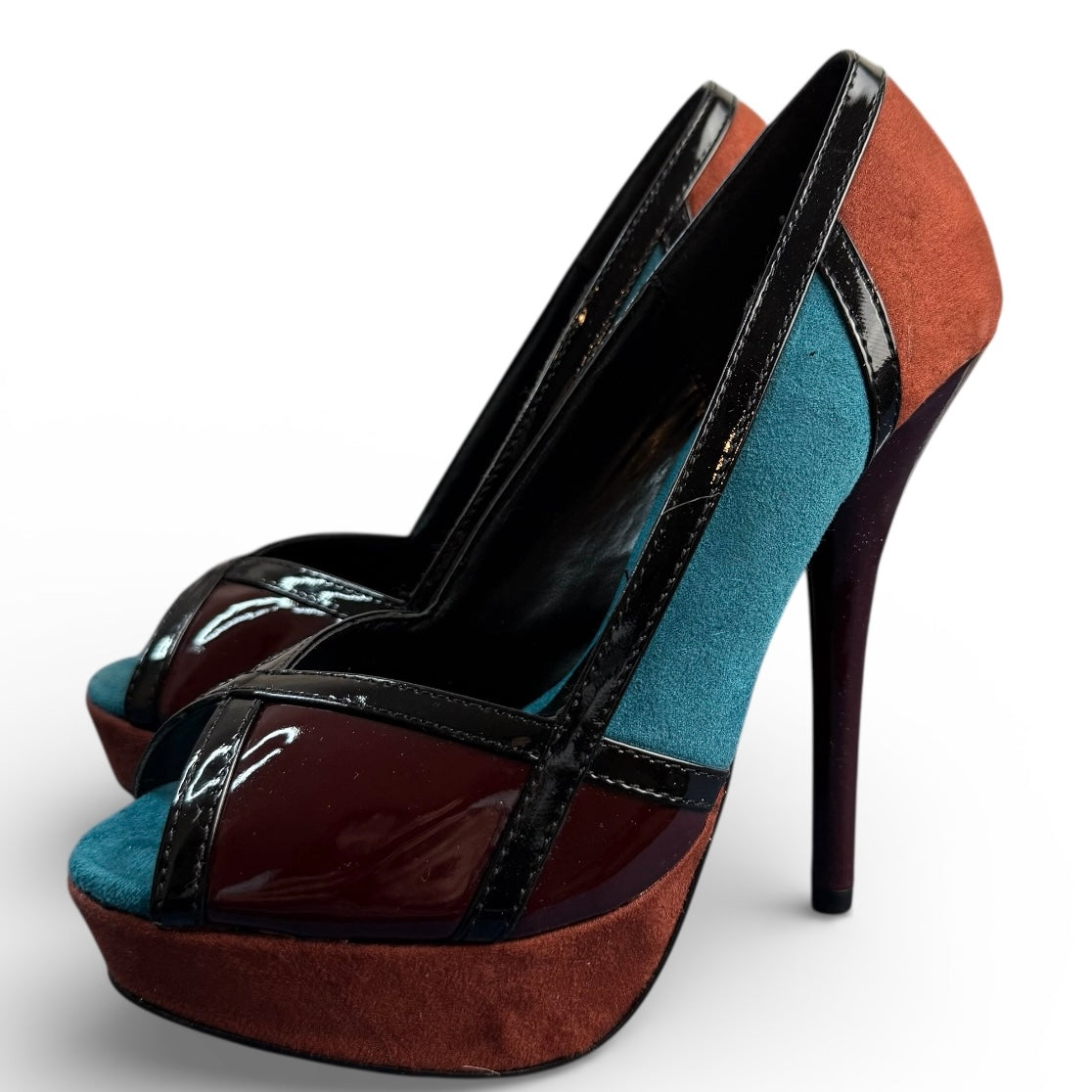 DELICIOUS MULTICOLOR PLATFORM FAUX SUEDE HEELS Sz 5