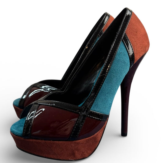 DELICIOUS MULTICOLOR PLATFORM FAUX SUEDE HEELS Sz 5