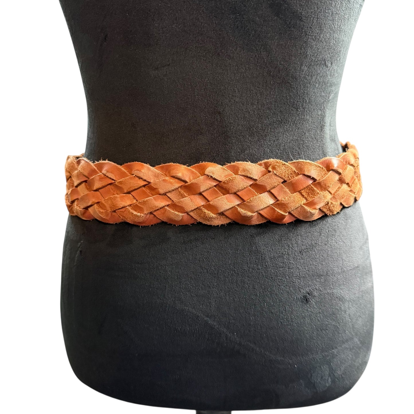WIDE BRAIDED BROWN LEATHER BELT DARK ROUND BUCKLE 100 SMALL