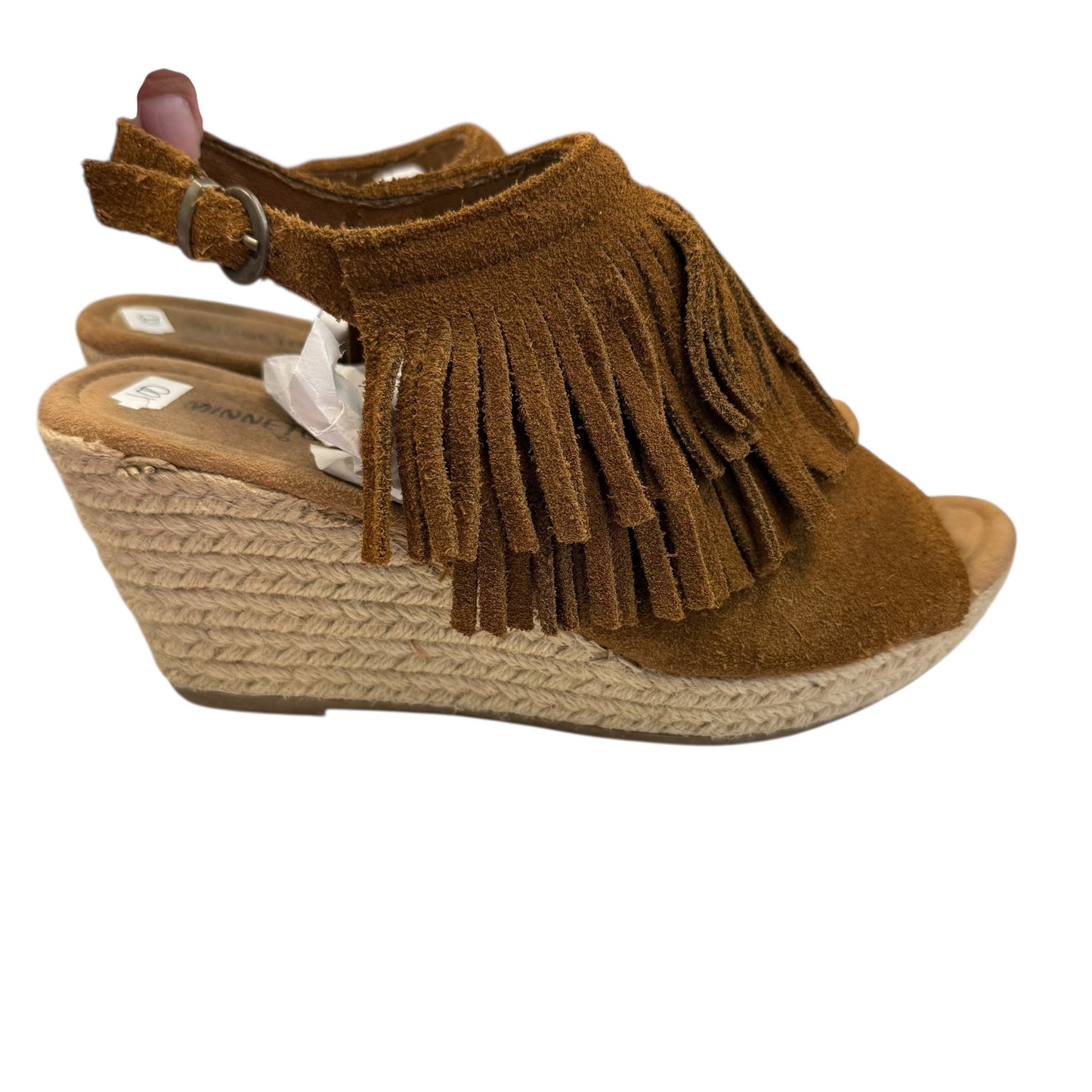 MINNETONKA ASHLEY LAYERED FRINGE ESPADRILLE WEDGE SANDALS BROWN SUEDE 100 SZ 9