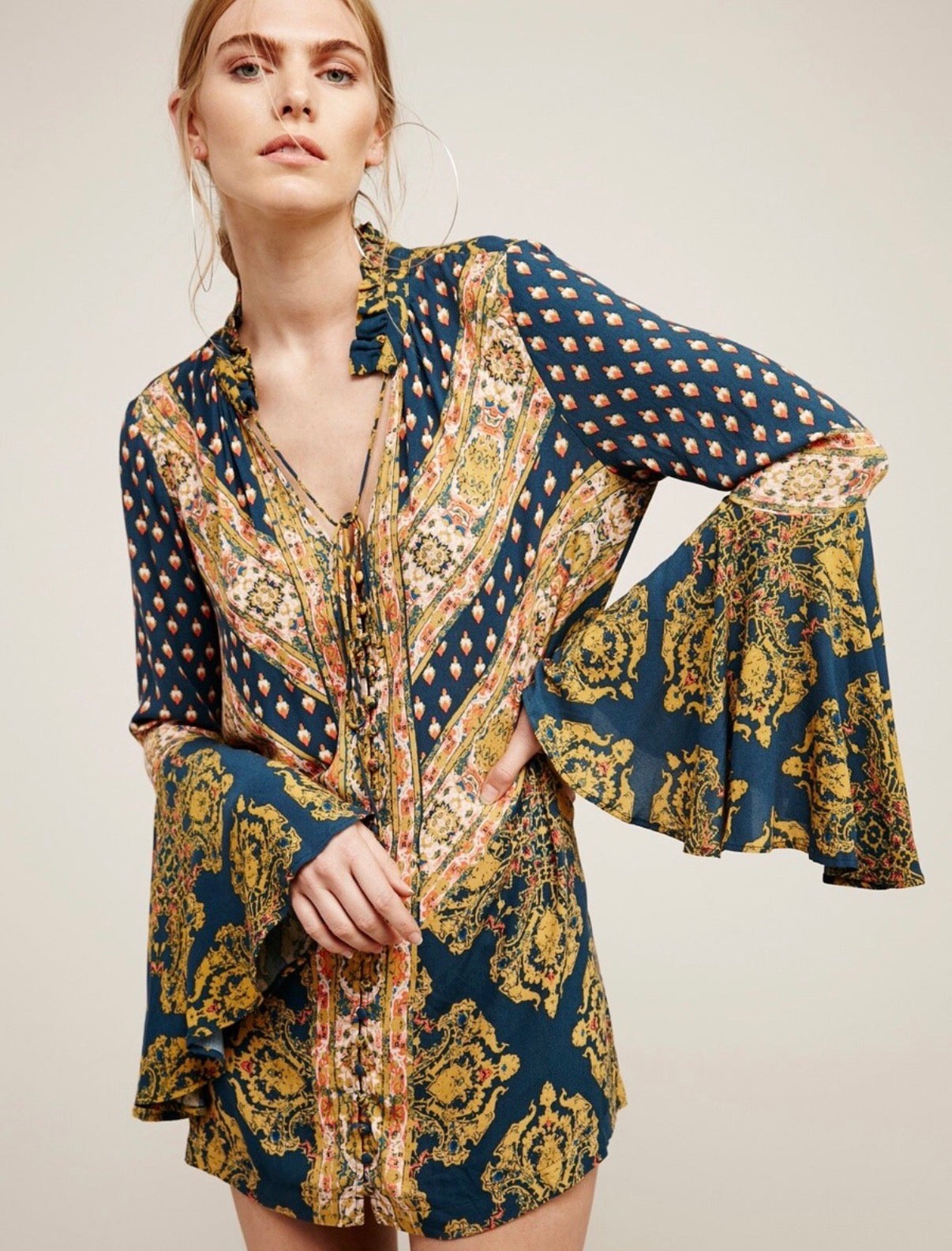 FREE PEOPLE MAGIC MYSTERY TUNIC BLUE YELLOW 100 MEDIUM