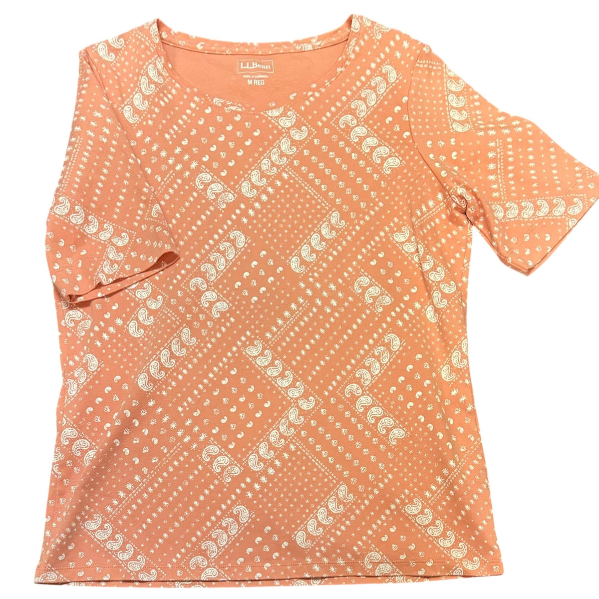 LL BEAN PAISLEY WHITE PEACH BANDANA PRINT SHIRT 100 MEDIUM