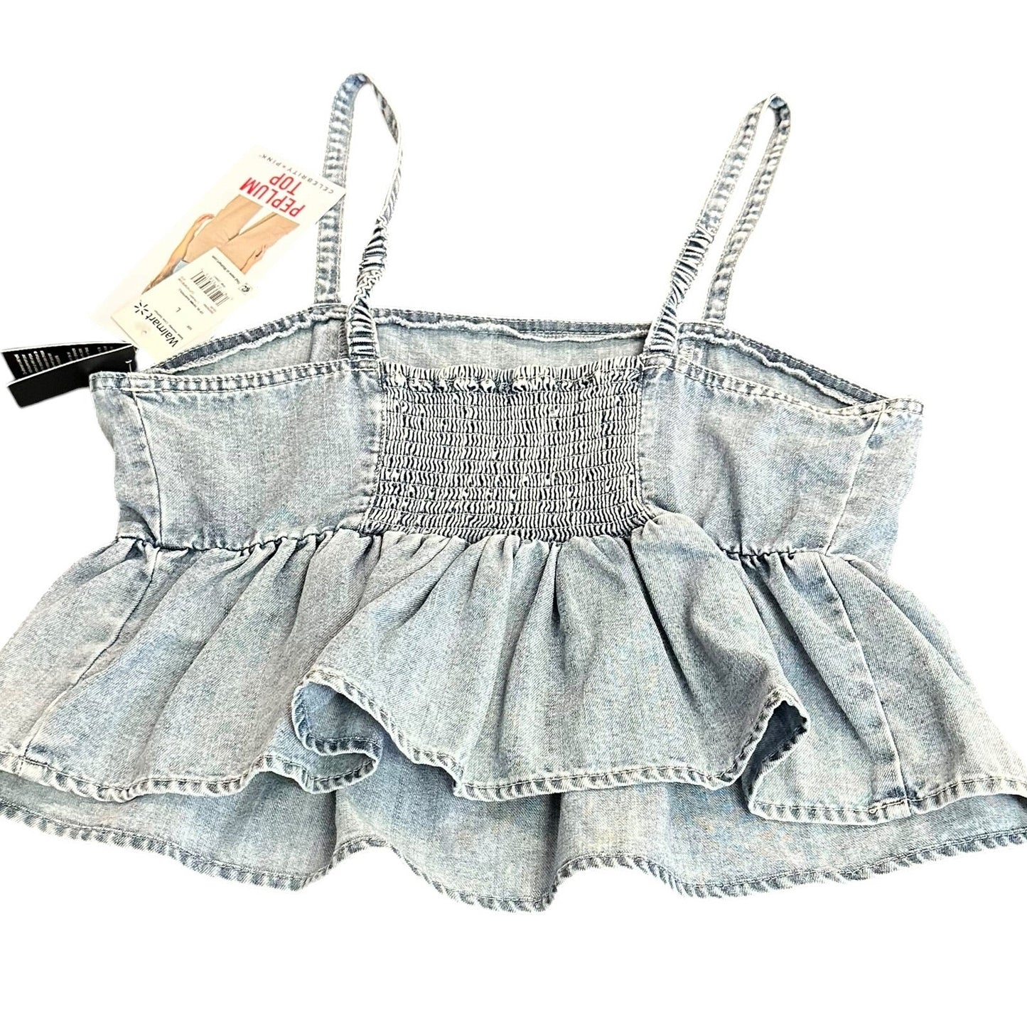 CELEBRITY PINK DENIM PEPLUM TOP NWT 100 LARGE
